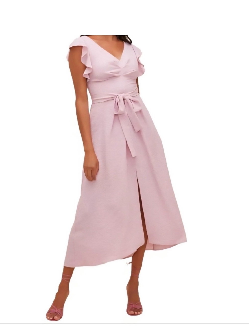 Astr Blush Pink Midi Dress with Waist Tie and Ruffle Sleeves
